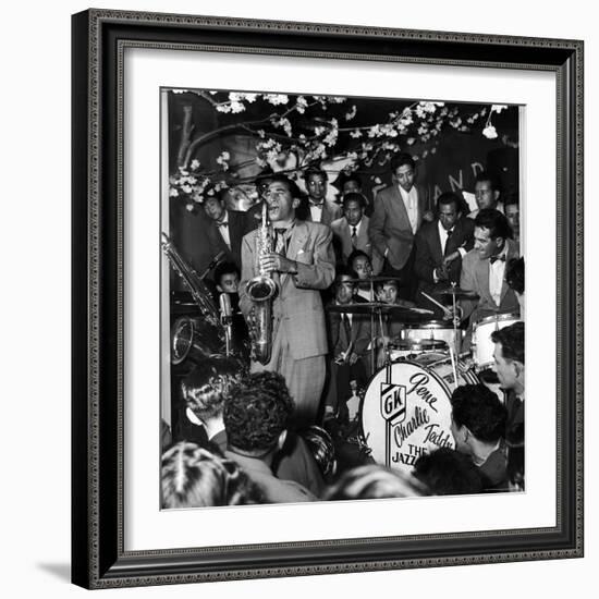 Gene Krupa, American Drummer and Jazz Band Leader, Playing Drums with Saxophonist Charles Ventura-Margaret Bourke-White-Framed Premium Photographic Print