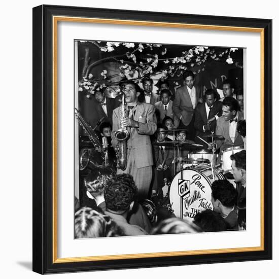 Gene Krupa, American Drummer and Jazz Band Leader, Playing Drums with Saxophonist Charles Ventura-Margaret Bourke-White-Framed Premium Photographic Print