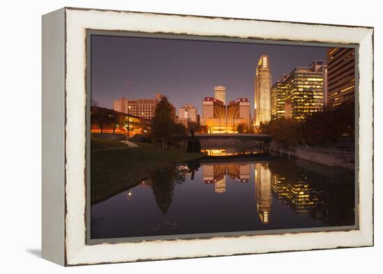 Gene Leahy Mall Skyline at Dawn, Omaha, Nebraska, USA-Walter Bibikow-Framed Premier Image Canvas