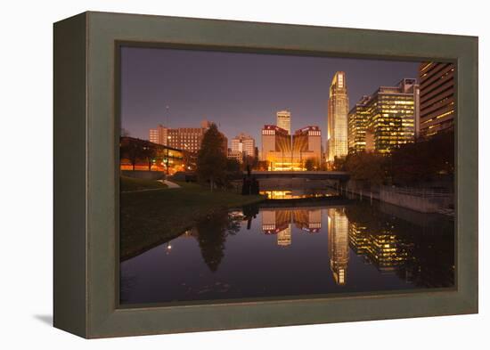 Gene Leahy Mall Skyline at Dawn, Omaha, Nebraska, USA-Walter Bibikow-Framed Premier Image Canvas