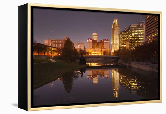 Gene Leahy Mall Skyline at Dawn, Omaha, Nebraska, USA-Walter Bibikow-Framed Premier Image Canvas