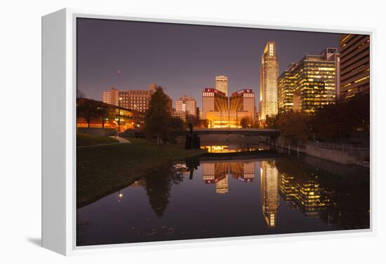 Gene Leahy Mall Skyline at Dawn, Omaha, Nebraska, USA-Walter Bibikow-Framed Premier Image Canvas