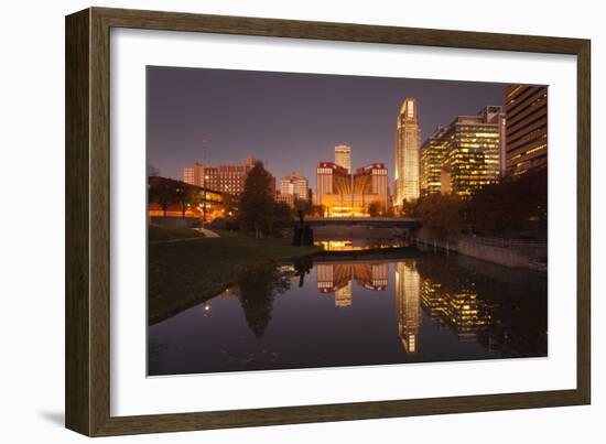 Gene Leahy Mall Skyline at Dawn, Omaha, Nebraska, USA-Walter Bibikow-Framed Photographic Print