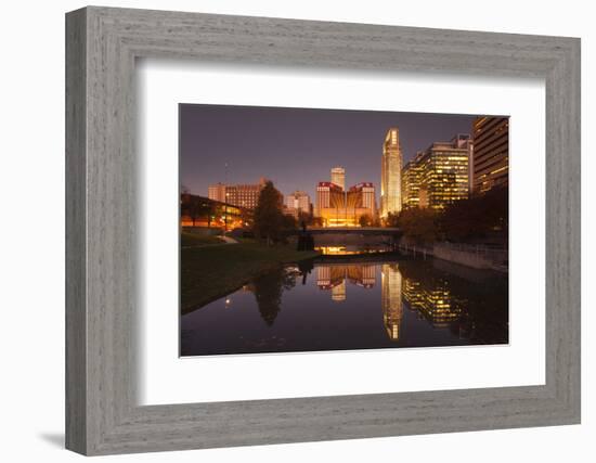 Gene Leahy Mall Skyline at Dawn, Omaha, Nebraska, USA-Walter Bibikow-Framed Photographic Print