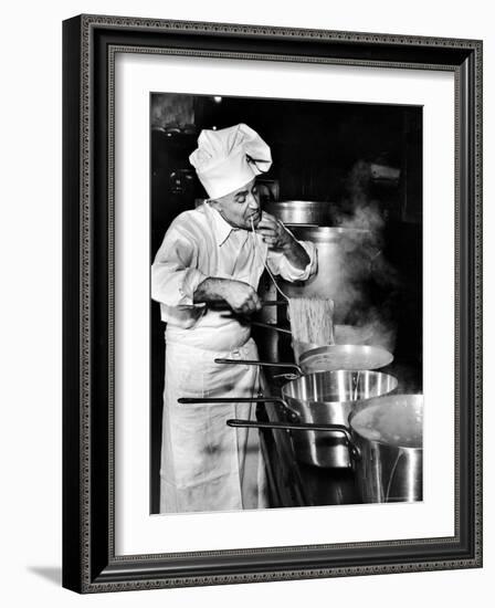 Gene Leone, Taking a Bite Test to Determine Whether the Bo Ling Spaghetti is Properly Firm-Eliot Elisofon-Framed Photographic Print