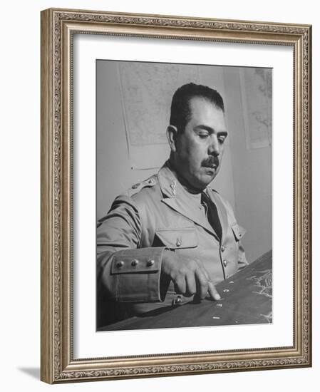 General Lazaro Cardenas, Pointing to a Map as His Continues to Work on a Stradegy-Peter Stackpole-Framed Photographic Print