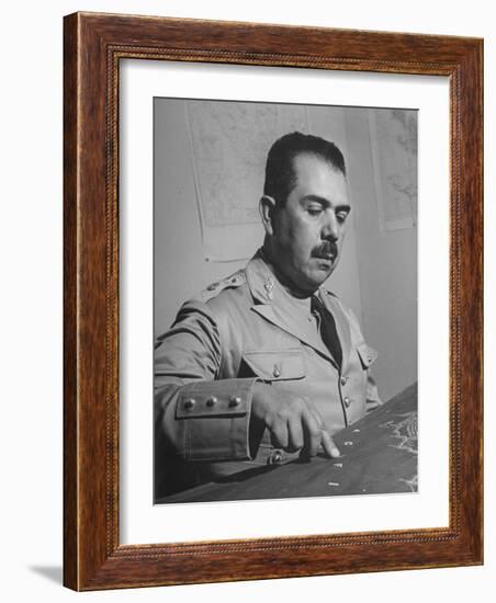 General Lazaro Cardenas, Pointing to a Map as His Continues to Work on a Stradegy-Peter Stackpole-Framed Photographic Print