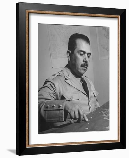 General Lazaro Cardenas, Pointing to a Map as His Continues to Work on a Stradegy-Peter Stackpole-Framed Photographic Print