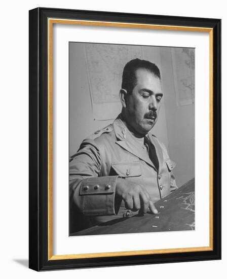 General Lazaro Cardenas, Pointing to a Map as His Continues to Work on a Stradegy-Peter Stackpole-Framed Photographic Print