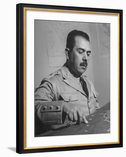 General Lazaro Cardenas, Pointing to a Map as His Continues to Work on a Stradegy-Peter Stackpole-Framed Photographic Print