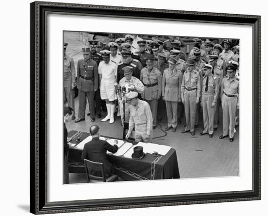 General MacArthur Watching Japanese Official Mamoru Shigemitsu Officially Surrender, USS Missouri-J^ R^ Eyerman-Framed Premium Photographic Print