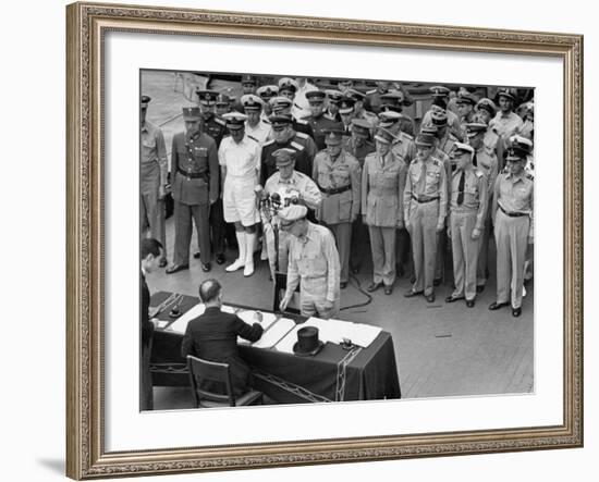 General MacArthur Watching Japanese Official Mamoru Shigemitsu Officially Surrender, USS Missouri-J^ R^ Eyerman-Framed Premium Photographic Print