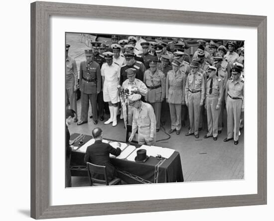 General MacArthur Watching Japanese Official Mamoru Shigemitsu Officially Surrender, USS Missouri-J^ R^ Eyerman-Framed Premium Photographic Print