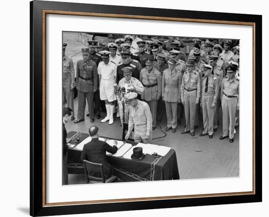 General MacArthur Watching Japanese Official Mamoru Shigemitsu Officially Surrender, USS Missouri-J^ R^ Eyerman-Framed Premium Photographic Print