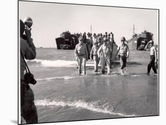 Generals MacArthur and Sutherland and Colonel Lehrbas Wading Ashore at Lingayen Gulf-Carl Mydans-Mounted Premium Photographic Print