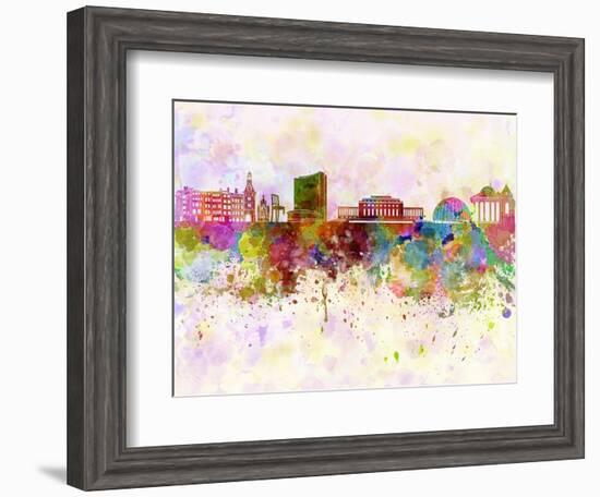 Geneva Skyline in Watercolor Background-paulrommer-Framed Art Print