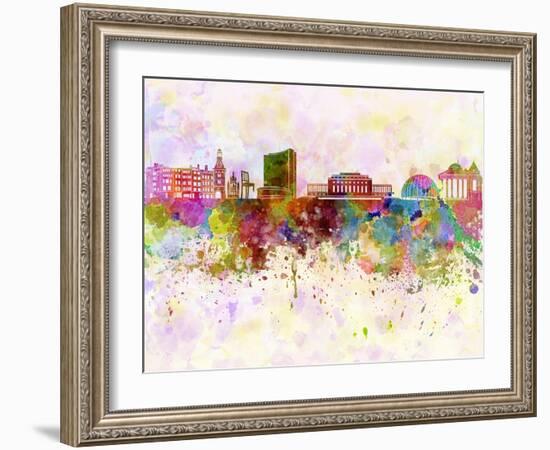 Geneva Skyline in Watercolor Background-paulrommer-Framed Art Print