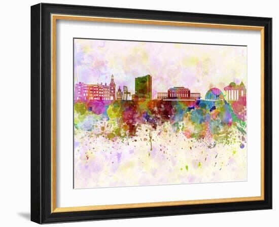 Geneva Skyline in Watercolor Background-paulrommer-Framed Art Print