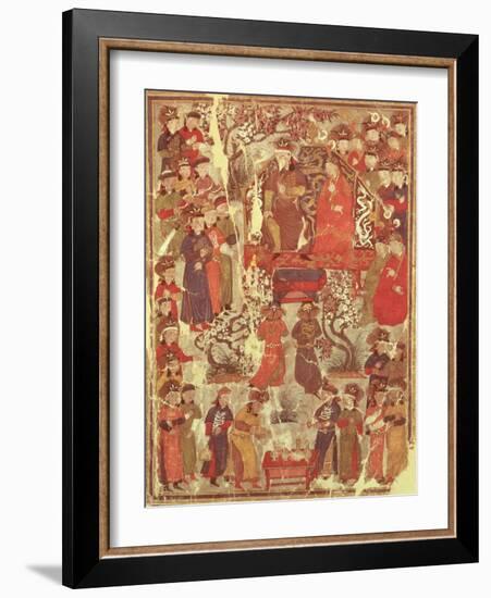 Genghis Khan and His Wife Bortei Enthroned Before Courtiers, by Rashid Ad-Din (1247-1318)-null-Framed Giclee Print