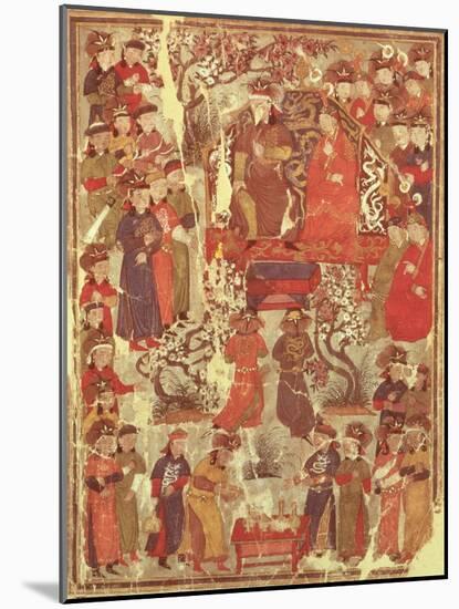 Genghis Khan and His Wife Bortei Enthroned Before Courtiers, by Rashid Ad-Din (1247-1318)-null-Mounted Giclee Print