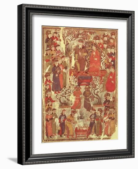 Genghis Khan and His Wife Bortei Enthroned Before Courtiers, by Rashid Ad-Din (1247-1318)-null-Framed Giclee Print