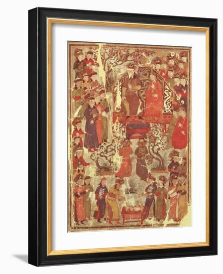 Genghis Khan and His Wife Bortei Enthroned Before Courtiers, by Rashid Ad-Din (1247-1318)-null-Framed Giclee Print