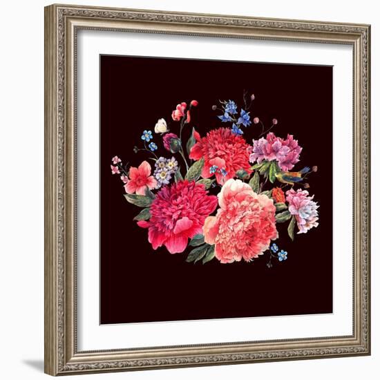 Gentle Decoration Vintage Floral Greeting Card with Blooming Red Peonies Bird and Wild Flowers Wate-Varvara Kurakina-Framed Art Print