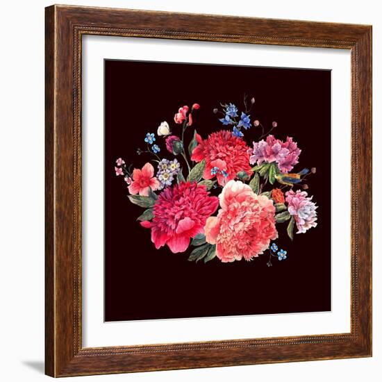Gentle Decoration Vintage Floral Greeting Card with Blooming Red Peonies Bird and Wild Flowers Wate-Varvara Kurakina-Framed Art Print