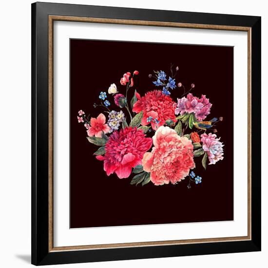 Gentle Decoration Vintage Floral Greeting Card with Blooming Red Peonies Bird and Wild Flowers Wate-Varvara Kurakina-Framed Art Print