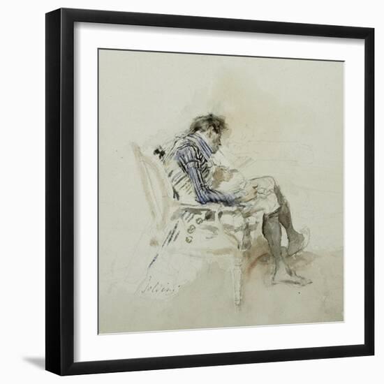 Gentleman Seated in Armchair Reading Book and Smoking Pipe, 19th Century-Giovanni Boldini-Framed Giclee Print