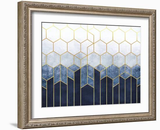 Geometric Abstraction of Hexagons on a Blue Relief Background with Gold Elements. Fresco for Interi-null-Framed Art Print