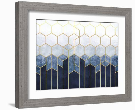 Geometric Abstraction of Hexagons on a Blue Relief Background with Gold Elements. Fresco for Interi-null-Framed Art Print