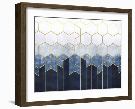 Geometric Abstraction of Hexagons on a Blue Relief Background with Gold Elements. Fresco for Interi-null-Framed Art Print