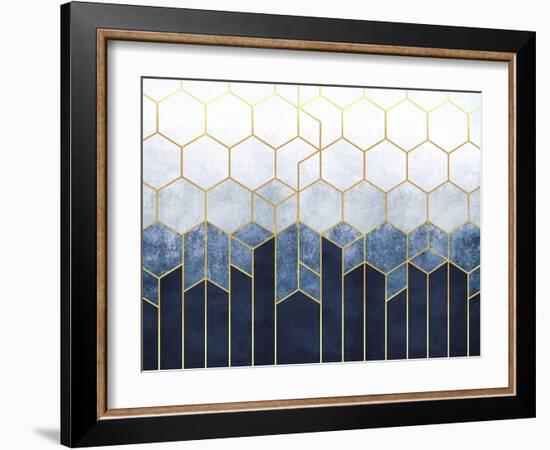 Geometric Abstraction of Hexagons on a Blue Relief Background with Gold Elements. Fresco for Interi-null-Framed Art Print