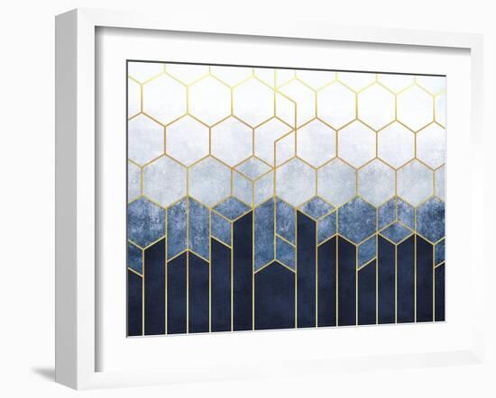 Geometric Abstraction of Hexagons on a Blue Relief Background with Gold Elements. Fresco for Interi-null-Framed Art Print