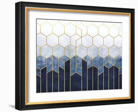 Geometric Abstraction of Hexagons on a Blue Relief Background with Gold Elements. Fresco for Interi-null-Framed Art Print