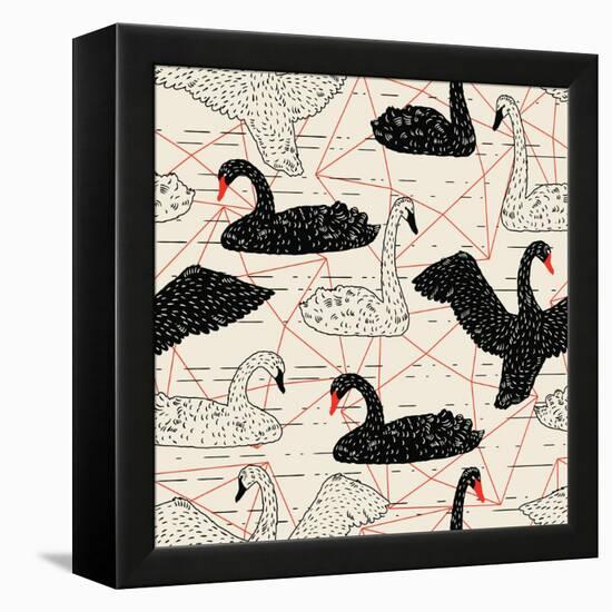 Geometric Pattern with Floating White Swans-incomible-Framed Stretched Canvas