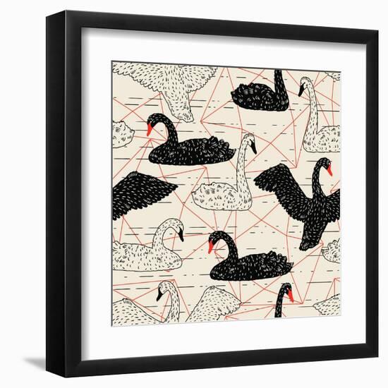 Geometric Pattern with Floating White Swans-incomible-Framed Art Print