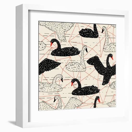 Geometric Pattern with Floating White Swans-incomible-Framed Art Print