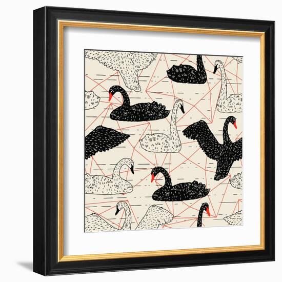 Geometric Pattern with Floating White Swans-incomible-Framed Art Print