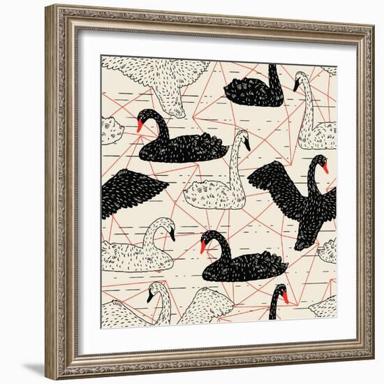 Geometric Pattern with Floating White Swans-incomible-Framed Art Print