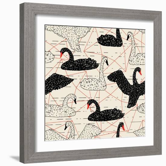 Geometric Pattern with Floating White Swans-incomible-Framed Art Print