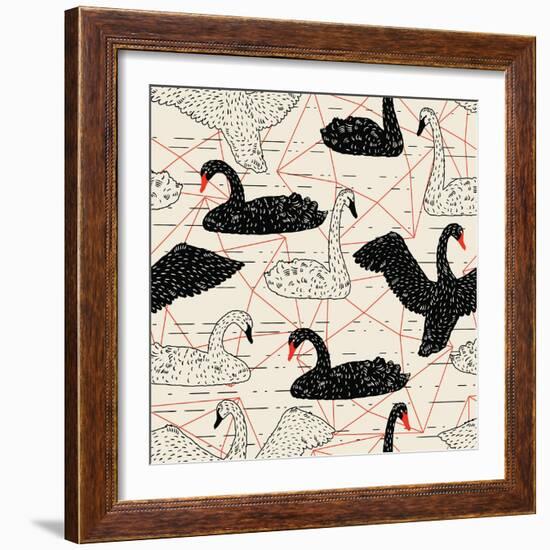 Geometric Pattern with Floating White Swans-incomible-Framed Art Print