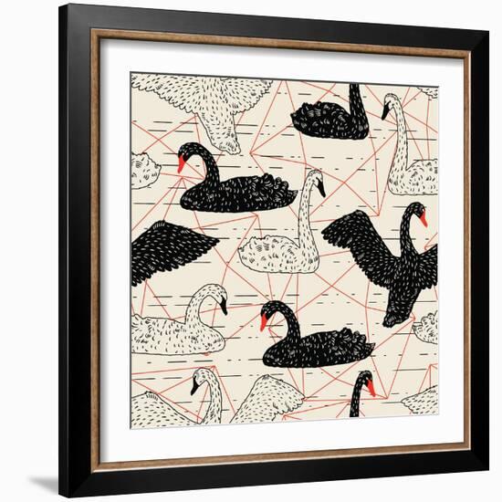 Geometric Pattern with Floating White Swans-incomible-Framed Art Print