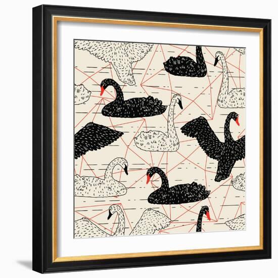 Geometric Pattern with Floating White Swans-incomible-Framed Art Print