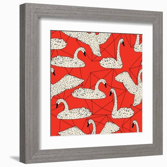 Geometric Pattern with Floating White Swans-incomible-Framed Art Print