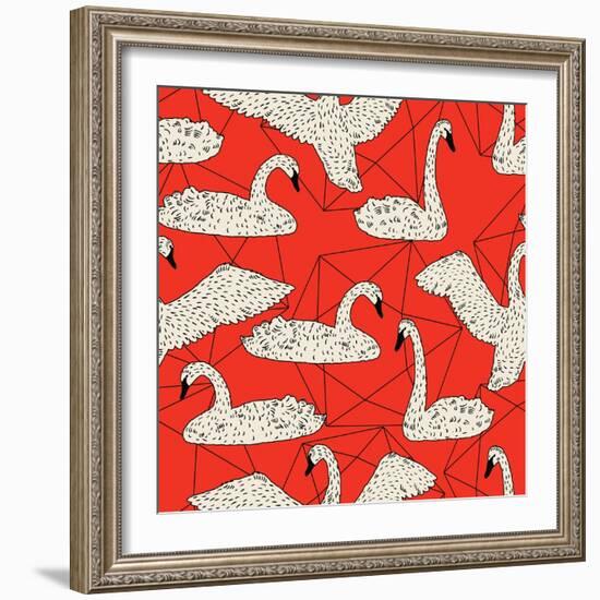 Geometric Pattern with Floating White Swans-incomible-Framed Art Print