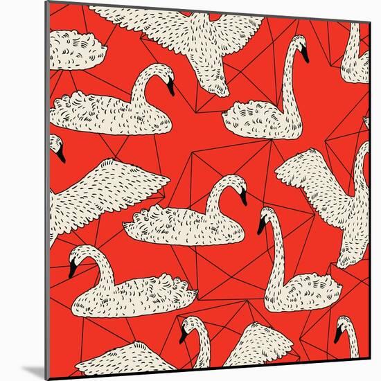 Geometric Pattern with Floating White Swans-incomible-Mounted Art Print