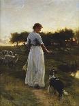 A Shepherdess with her Dog and Flock in a Moonlit Meadow-George Faulkener Wetherbee-Premier Image Canvas