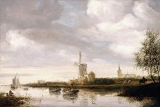 A River Landscape with Barges and Sailboats and a Church Beyond-George Henry Clements-Giclee Print